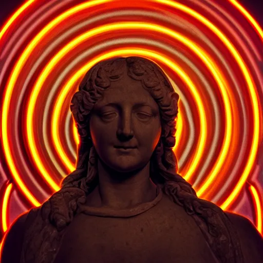 Image similar to a neon circle surrounding the head of a renaissance statue, 3 d render, black background, ray tracing, 8 k resolution, sharp focus, hyper detailed, hyper realistic