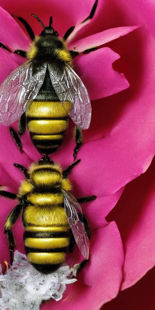 Prompt: platinum fat figure of a plastic bee sleeping inside a rose flower catalogue diagram scientific photography