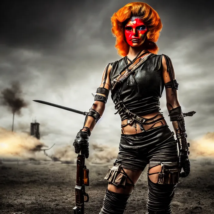 Image similar to full length photo of a very beautiful female atompunk warrior with weapons, 8 k, hdr, smooth, sharp focus, high resolution, award - winning photo