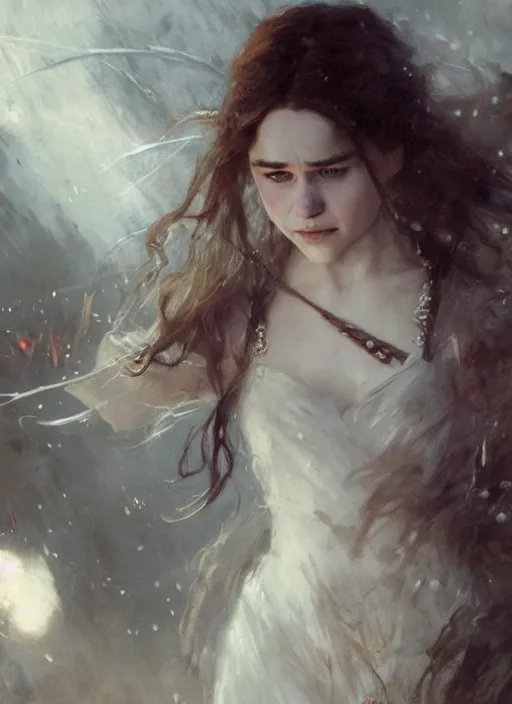 Image similar to young vampire emilia clarke, detailed by gaston bussiere, bayard wu, greg rutkowski, maxim verehin, greg rutkowski, masterpiece, sharp focus, cinematic lightning