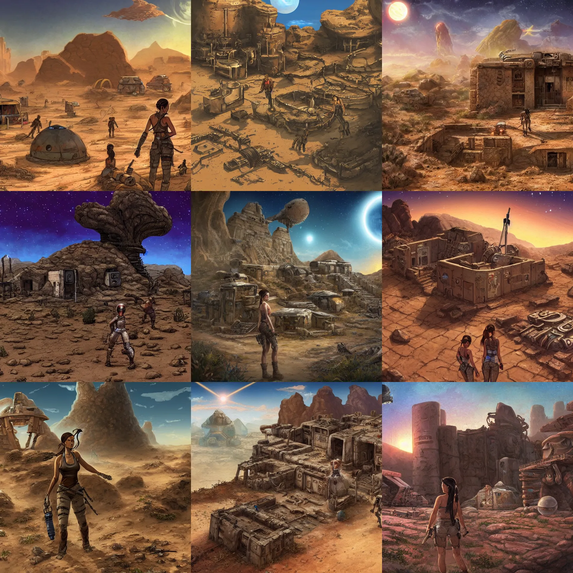 Prompt: in front of the remains of an abandoned human outpost, on a remote desert planet, from a space themed point and click 2 d graphic adventure game, art inspired by tomb raider and thomas kinkade