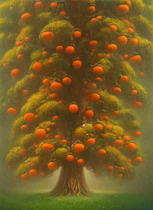 Image similar to ayahuma tree with orange fruits looking like an ent, art by christophe vacher