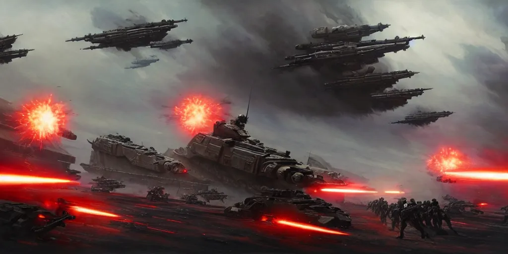 Prompt: hyper realistic sci - fi matte concept art painting of epic cinematic battle depicting soldiers deploying onto a battlefield from a drop ship, guns, missiles, explosions, beautiful details, strong composition painted by kim jung guweta studio rutkowski, james gurney and greg rutkowski, and lucasfilm, smooth, intricate, detailed, sharp focus, cinematic