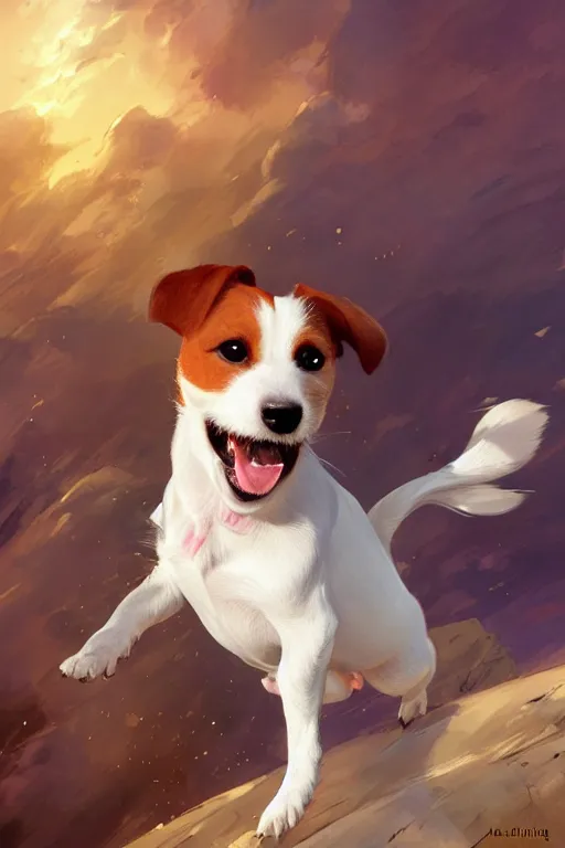 Image similar to adorable jack russel terrier smiling with her eyes closed jumping in the air, wide angle fantasy art, artstation character design contest winner, trending on cgsociety, concept art, speedpaint, beautiful digital art, jesper ejsing, james jean, justin gerard, fenghua zhong, makoto shinkai, highly detailed