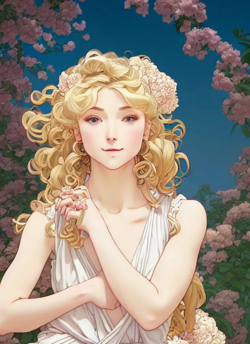 Prompt: young blond girl, goddess of pearls and peonies, with long curly, hazelnut hair, perfectly proportioned face, brown eyes, sweet smile, strong jawline,, natural lighting, path traced, highly detailed, high quality, cartoon, digital painting, by new haicheng and studio ghibli and alphonse mucha