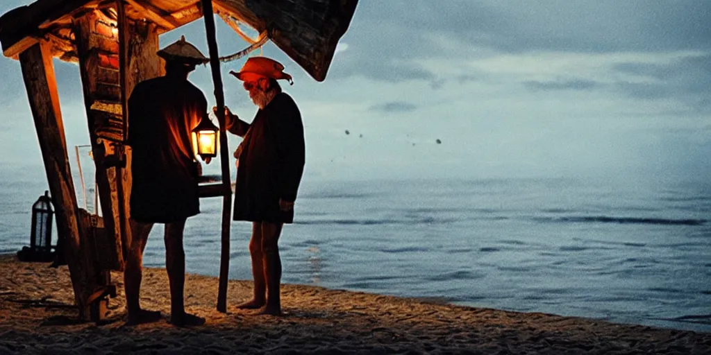 Image similar to film still of closeup old man holding up lantern by his beach hut at night. pirate ship in the ocean by emmanuel lubezki