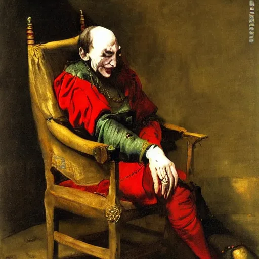 Image similar to a jester slumped over in an armchair, dark lighting, oil painting, by jan matejko