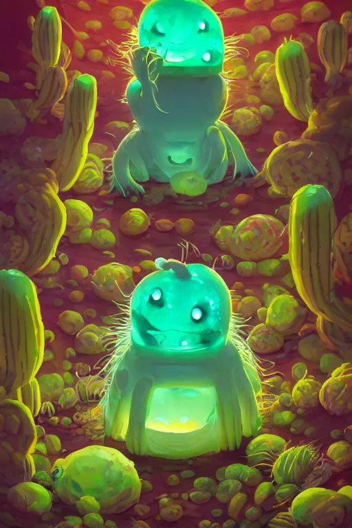 Image similar to roots cactus sushi cristal smurf ghost creature animal sushi cristal very big eye roots cactus elemental flush of force nature micro world fluo fishscale, behance hd by jesper ejsing, by rhads, makoto shinkai and lois van baarle, ilya kuvshinov, rossdraws radiating a glowing aura global illumination ray tracing hdr