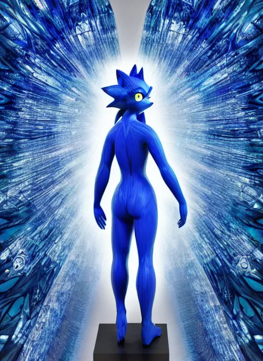 Prompt: a statue made of blue glass, of sonic the hedgehog wearing alexander mcqueen, transhumanism, full body shot, perfect symmetrical body, perfect symmetrical face, hyper realistic, hyper detailed, by johannen voss, by peter kemp, by monia merlo, by michelangelo, by ernst haeckel, by alex grey, octane render, blender, 8 k