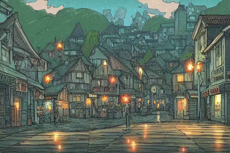 Prompt: A rainy roresy in the style of Ghibli Studio and Dan Mumford, detailed