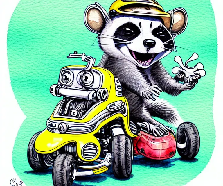 Image similar to cute and funny, racoon waving wearing a helmet riding in a tiny motorized wheelchair, ratfink style by ed roth, centered award winning watercolor pen illustration, isometric illustration by chihiro iwasaki, edited by range murata