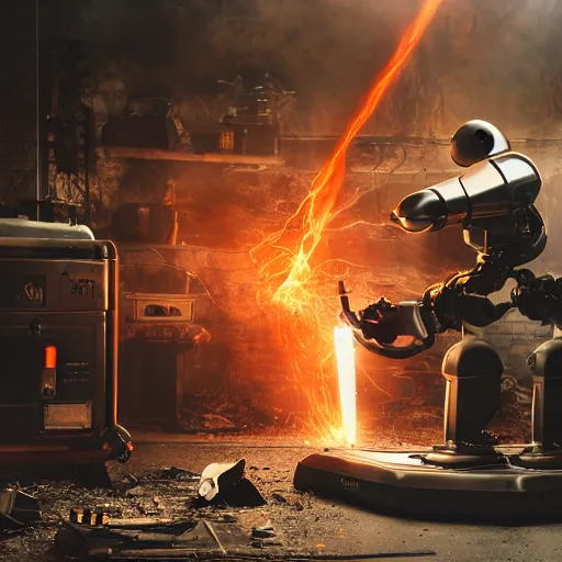 Image similar to toaster oven terminator robot, dark messy smoke - filled cluttered workshop, dark, dramatic lighting, orange tint, sparks, cinematic, highly detailed, sci - fi, futuristic, movie still