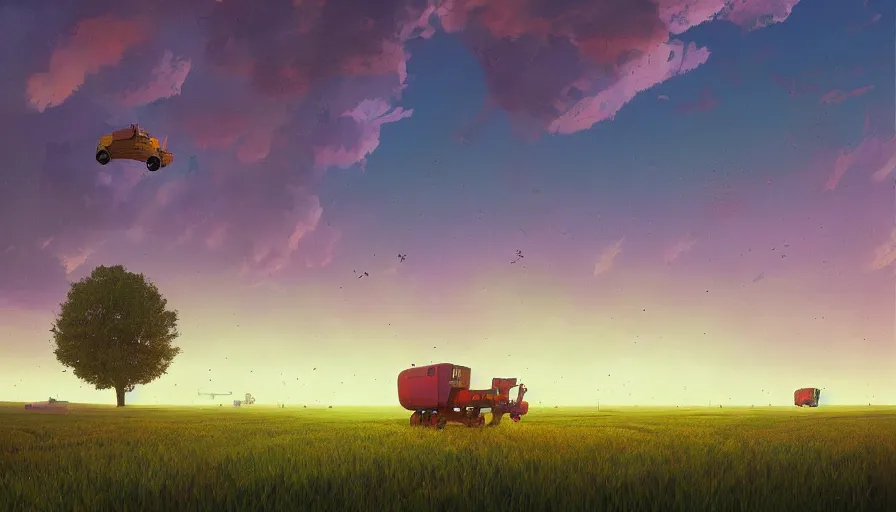 Image similar to colourful sky, wheat field, futuristic harvesters, big tree, matte painting, art station, digital art, simon stalenhag