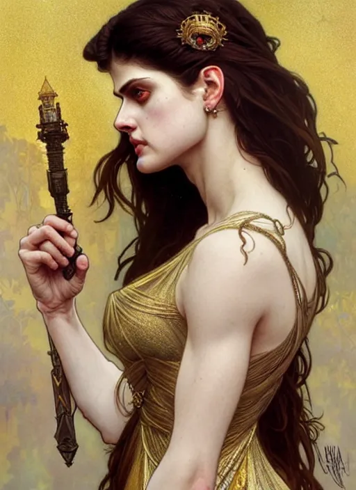 Image similar to alexandra daddario as queen, incredibly detailed face, light half opened dress, true anatomy, art by artgerm and greg rutkowski and alphonse mucha