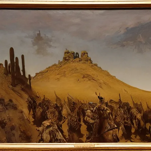 Prompt: an oil painting of a desert ground covered with some bodies of medieval soldiers, wide shot, by Frank Frazetta, by Gustave Moreau, by Georgia O Keeffe