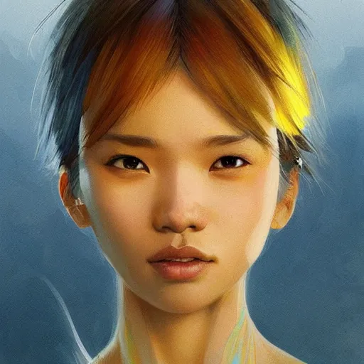 Image similar to filipino girl with blue - yellow hair and a nose band aid, highly detailed, digital painting, artstation, concept art, smooth, sharp focus, illustration, art by artgerm and greg rutkowski and alphonse mucha