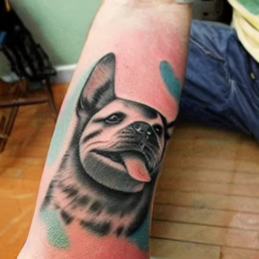 Image similar to A dog with a tattoo of a kitten