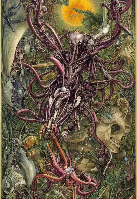 Image similar to simplicity, simple, elegant, colorful muscular robot, botany, orchids, radiating, mandala, psychedelic, garden environment, dappled sun, wolf skulls, by h. r. giger and esao andrews and maria sibylla merian eugene delacroix, gustave dore, thomas moran, pop art, biomechanical xenomorph, art nouveau, whimsical