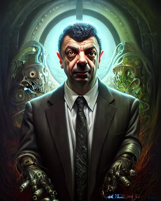 Image similar to lovecraft biopunk portrait of rowan sebastian atkinson by tomasz alen kopera and peter mohrbacher