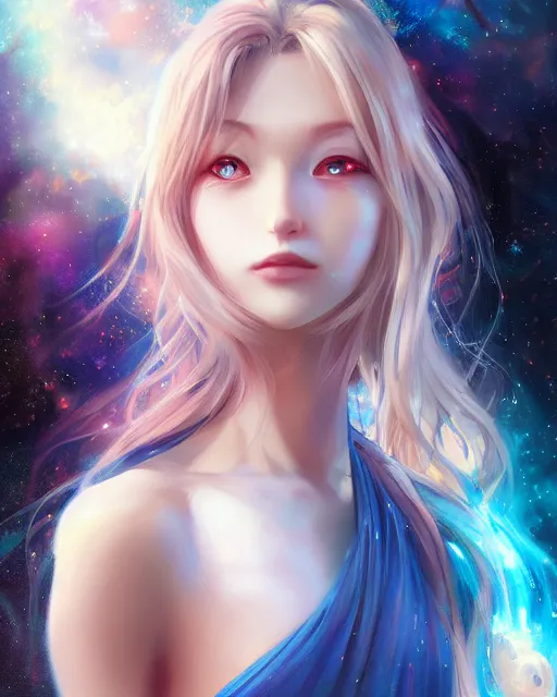 Image similar to A realistic anime portrait of a beautiful cosmic woman with glowing blue eyes and cosmic skin wearing clothes made of universes, digital painting, by Stanley Artgerm Lau, Sakimichan, WLOP and Rossdraws, digtial painting, trending on ArtStation, SFW version