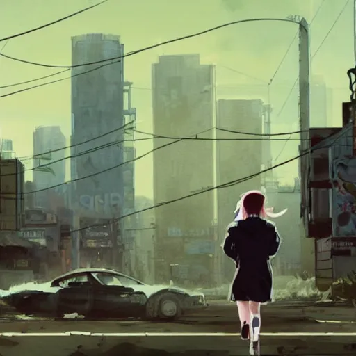 Image similar to incredible wide screenshot, ultrawide, simple watercolor, rough paper texture, ghost in the shell movie scene, backlit distant shot of girl in a parka running from a giant robot invasion side view, yellow parasol in deserted dusty shinjuku junk town, broken vending machines, bold graphic graffiti, old pawn shop, bright sun bleached ground, mud, fog, dust, windy, scary robot monster lurks in the background, ghost mask, teeth, animatronic, black smoke, pale beige sky, junk tv, texture, brown mud, dust, tangled overhead wires, telephone pole, dusty, dry, pencil marks, genius party,shinjuku, koji morimoto, katsuya terada, masamune shirow, tatsuyuki tanaka hd, 4k, remaster, dynamic camera angle, deep 3 point perspective, fish eye, dynamic scene