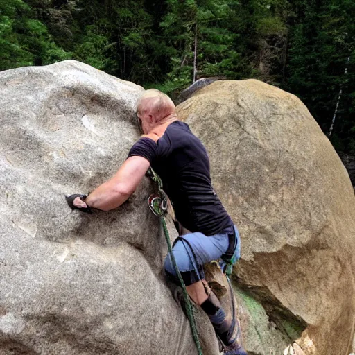 Image similar to Talgart climbing dangerous boulder and licking top.