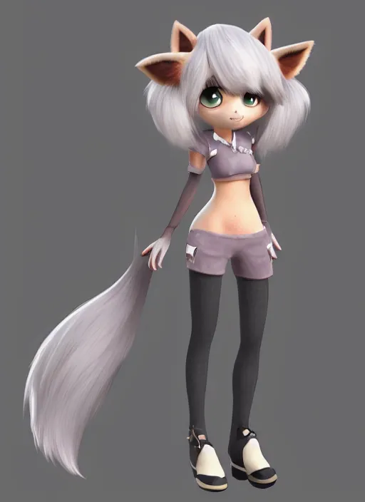 Image similar to female furry mini cute style, character adoptable, highly detailed, rendered, ray - tracing, cgi animated, 3 d demo reel avatar, style of maple story and zootopia, maple story fox girl, grey fox, soft shade, soft lighting