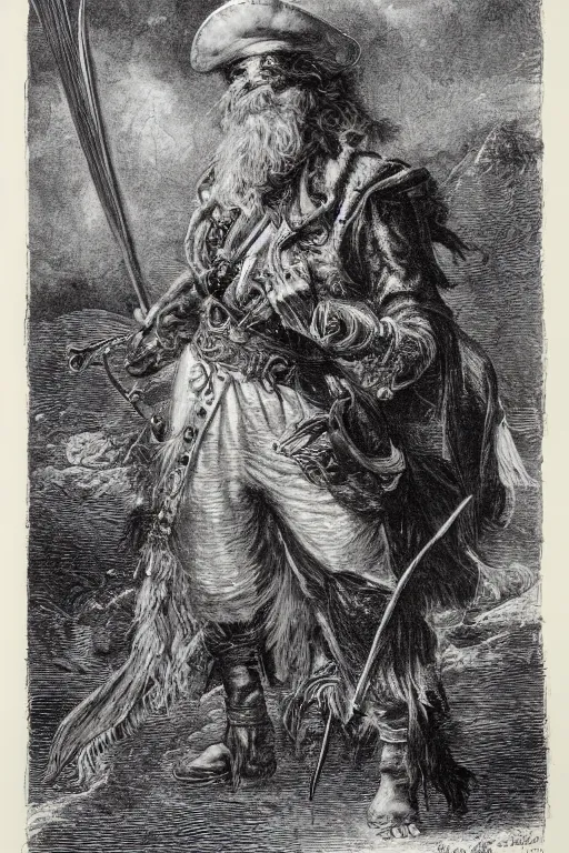 Image similar to an portrait engraving of the pirate long john silver by gustave dore, ian miller, treasure island, highly detailed, storybook illustration, lithograph engraving