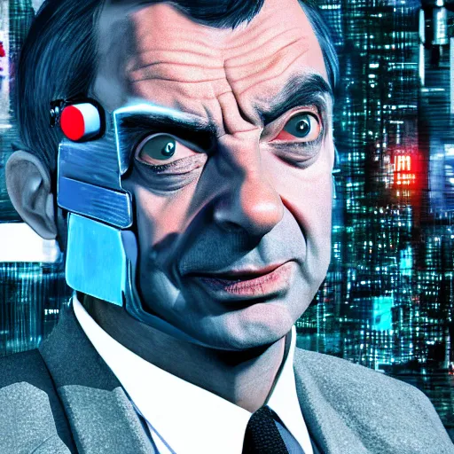 Image similar to mr bean, head and shoulder shot, cyberpunk city, city background, 4k, beautiful face, hyperdetailed, trending on artstation, digital art