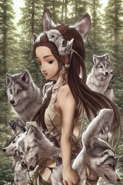 Prompt: Ariana Grande leading an army of wolves through the forest with her singing, manga, highly detailed, beauty, art by Takehiko Inoue, Artgerm, intricate, elegant, J. C. Leyendecker, Jojo Bizarre Adventure