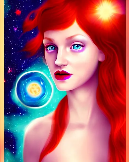 Image similar to space astral portrait of a beautiful girl, red hair, ginger hair, fantasy, glowing skin, smooth face, perfect eyes, half body shot, tarot card