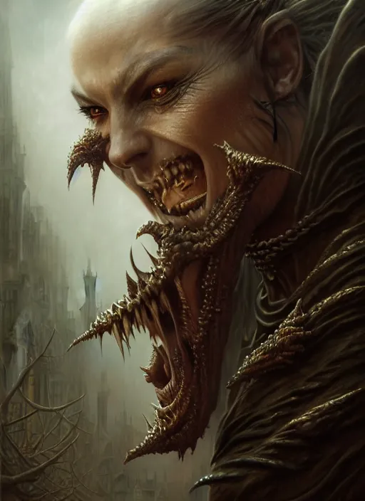 Prompt: closeup portrait shot of a vampire warrior in a scenic dystopian environment, intricate, elegant, highly detailed, centered, digital painting, artstation, concept art, smooth, sharp focus, illustration, artgerm, tomasz alen kopera, peter mohrbacher, donato giancola, joseph christian leyendecker, wlop, boris vallejo