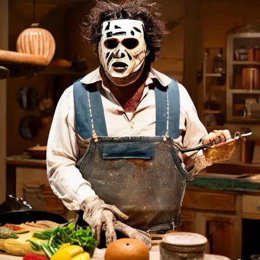 Prompt: Leatherface from the movie Texas Chainsaw Massacre wearing a highly detailed mask and hosting a cooking show 8k