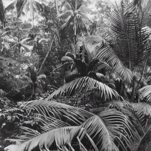 Image similar to a rizom lost film footage of a 3 d shape in the middle of the tropical jungle / tropicalism / tropicalism / tropicalism / film still / cinematic / enhanced / 1 9 2 0 s / black and white / grain