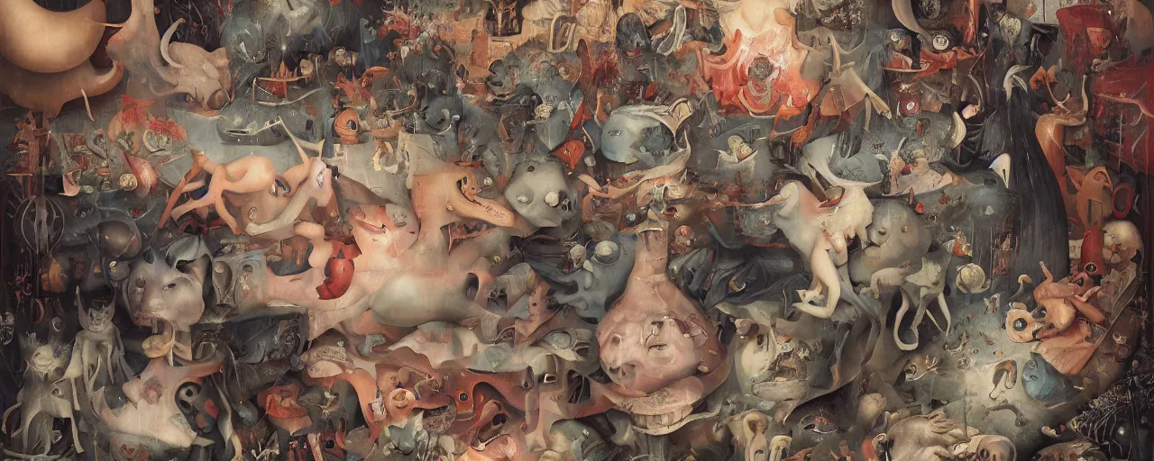 Prompt: LSD Nightmare Trip by Hieronymus Bosch and James Jean, Ross Tran, HD, hypermaximalist, 8k, surreal oil painting, highly detailed, dream like, masterpiece