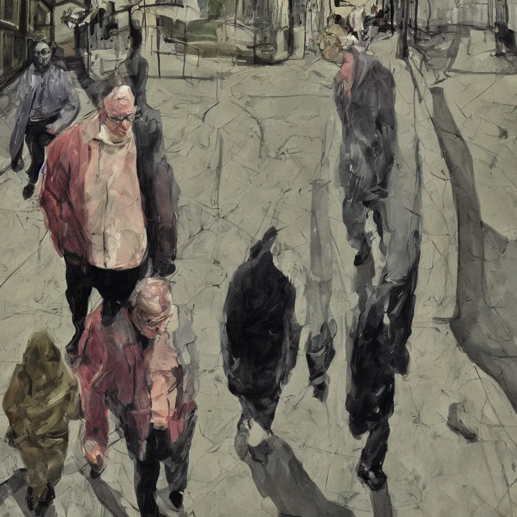 Image similar to high quality high detail painting of todd solondz walking with a friend by lucian freud and francis bacon, hd, photorealistic lighting