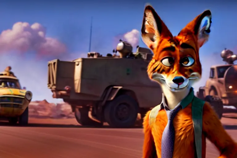 Image similar to nick wilde ( from zootopia ), heavily armed and armored facing down armageddon in a dark and gritty reboot from the makers of mad max : fury road