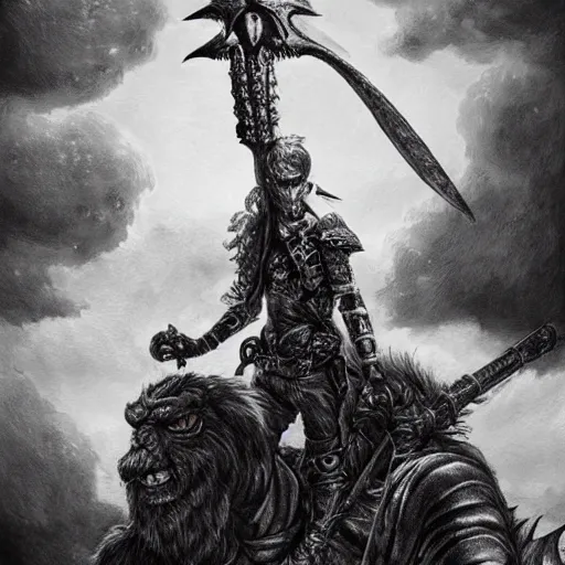 Prompt: arnold swarchenegger with giant sword, intricate detailed dark fantasy art by kentaro miura