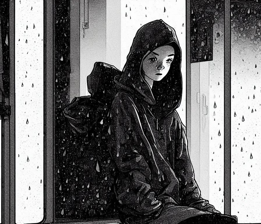 Image similar to sadie sink in hoodie sits on windowsill, knees tucked in | rain falls at night : single storyboard panel, scifi cyberpunk, b & w. by gabriel hardman, joe alves, chris bonura. cinematic atmosphere, detailed and intricate, perfect anatomy