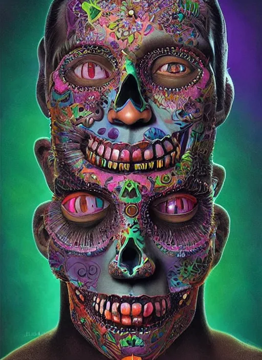 Prompt: dia de los muertos theme surrealist art in the styles of igor morski, jim warren, and saner, intricate, hyperrealistic, accurate facial details, profile picture with chromakey!!!!! background, volumetric lighting