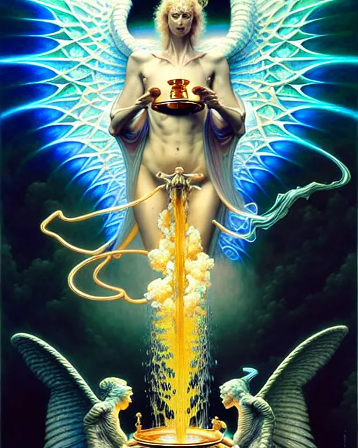 Image similar to an angel pouring water between two cups, tarot card, fantasy character portrait made of fractals, ultra realistic, wide angle, intricate details, the fifth element artifacts, highly detailed by peter mohrbacher, hajime sorayama, wayne barlowe, boris vallejo, aaron horkey, gaston bussiere, craig mullins