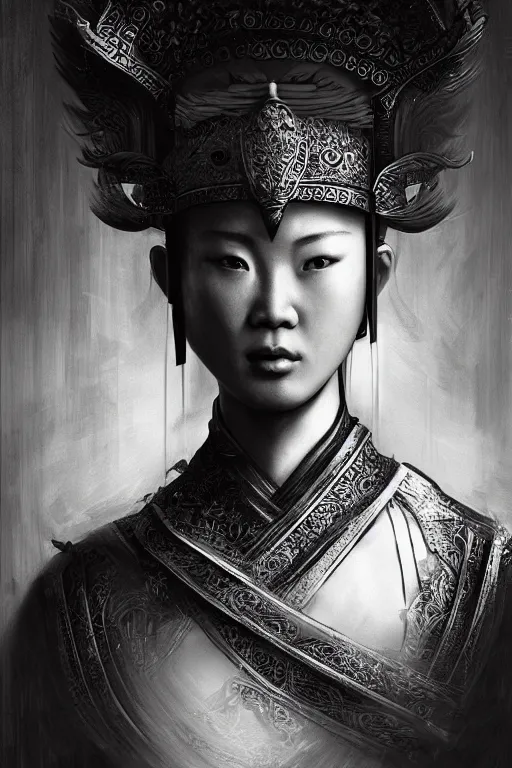 Image similar to chinese god, portrait, fierce, intricate, elegant, black and white volumetric lighting, scenery, digital painting, highly detailed, artstation, sharp focus, illustration, concept art, ruan jia, steve mccurry