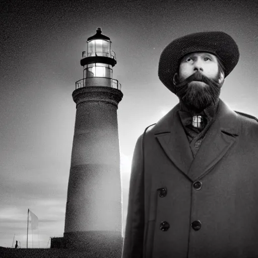 Image similar to Live Action Still of Jerma985 in a film as a Lighthouse Keeper with an overcoat, hat, and beard, black and white, hyperrealistic, ultra realistic, realistic, highly detailed, epic, HD quality, 8k resolution, body and headshot, film still