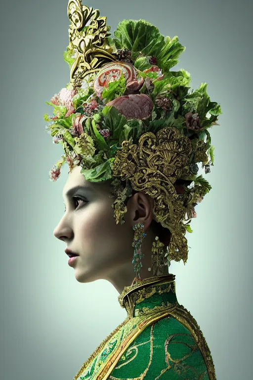 Prompt: a beautiful empress portrait, with a brilliant, impossible striking big salad headpiece, clothes entirely made out of salad, everything salad, symmetrical, dramatic studio lighting, rococo, baroque, greens, asian, hyperrealism, closeup, D&D, fantasy, intricate, elegant, highly detailed, digital painting, artstation, octane render, 8k, concept art, matte, sharp focus, illustration, art by Artgerm and Greg Rutkowski and Alphonse Mucha