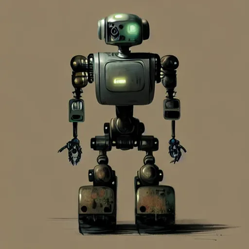 Prompt: detailed concept art of a diesel punk robot in an empty room in a muted color palette, trending on artstation, award - winning video game concept art by jim burns and greg rutkowski, beksinski, a sci - fi concept art masterpiece, james gilleard, bruegel, alphonse mucha, and yoshitaka amano.