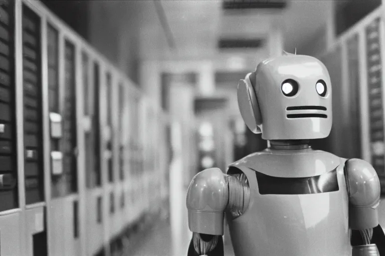 Prompt: a vintage 1 9 7 0 s photo if robot in datacentre, cinestill, bokeh