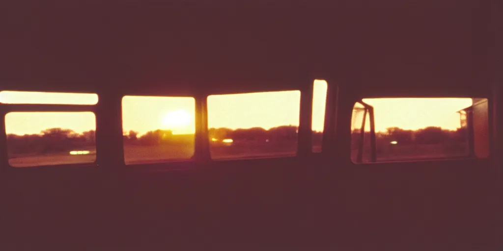 Prompt: greyhound bus interior, sunset, eerie vibe, leica, 2 4 mm lens, cinematic screenshot from the 2 0 0 1 film directed by charlie kaufman, kodak color film stock, f / 2 2, 2 4 mm wide angle anamorphic