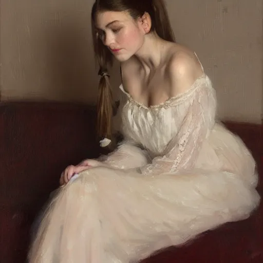 Image similar to girl with pigtails hairstyle, lace dress, reclining pose, jeremy lipking, joseph todorovitch, timothy rees