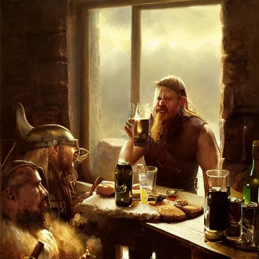 Prompt: a beautiful painting of a viking drinking in a tavern, by raymond swanland, featured on artstattion