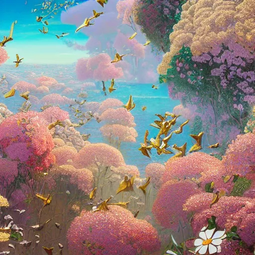 Prompt: a beautiful oil painting of flock of birds, flowers, gilded gold, 4 k unreal engine renders, ultra - wide angle, by victo ngai, jen yoon, geof darrow, peter mohrbacher, johfra bosschart, thomas kinkade, miho hirano, hd, pastel color scheme